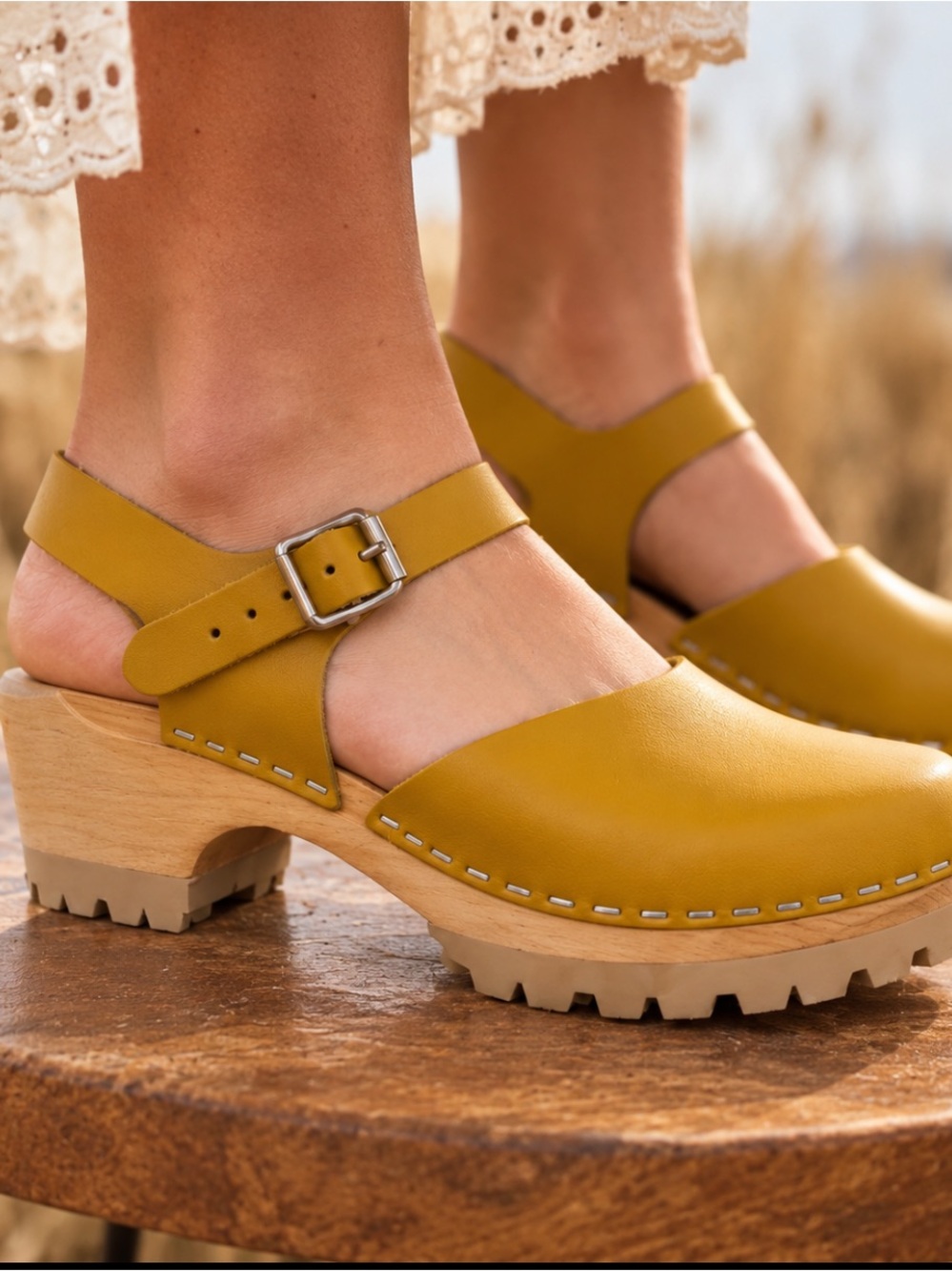 MIA Sofia Mustard Yellow Leather Clogs Cottagecore Boho Coastal Grandma